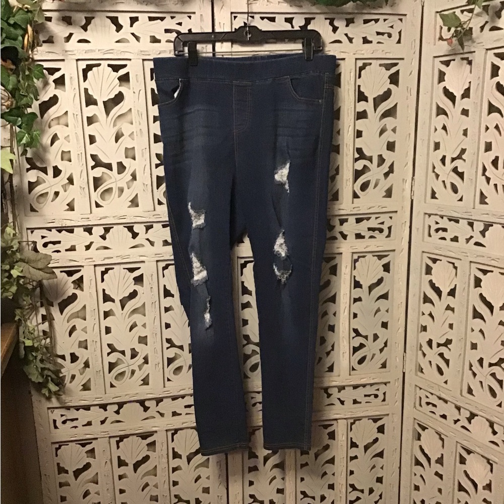 JVINI DISTRESSED DARK COTTON DENIM STRETCHY SKINNY HIGH RISE JEANS JEGGINGS